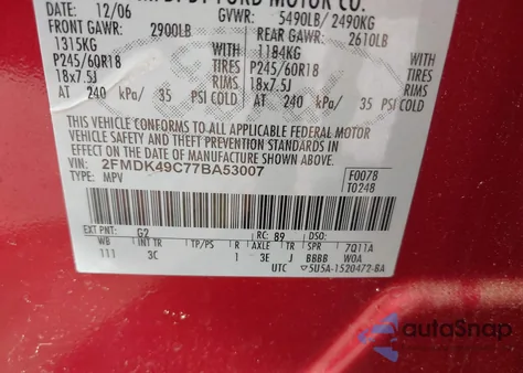 2007 Ford Edge Sel Plus из США, поврежденный, VIN 2FMDK49C77BA53007